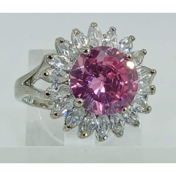 Vintage Ring Size 7.5 Silver Tone White Gold GP Pink CZ Cluster Cocktail NOS - Picture 9 of 10